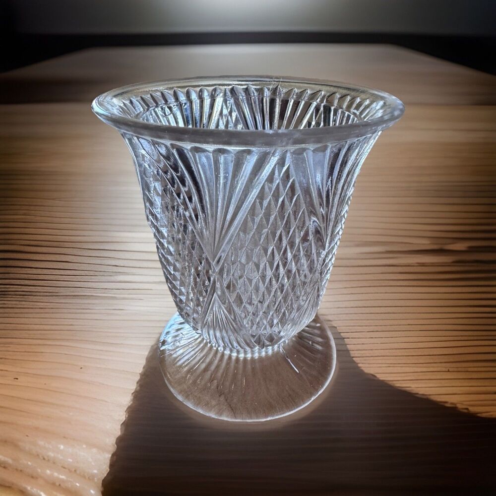 Anchor Hocking Wexford Footed Vase Clear Pressed Glass Diamond Pattern 4" Vtg